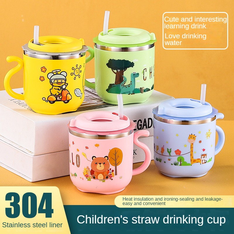 Baby Food Hipp - 子供用ウォーターカップ,270ml,ストロー付きボトル,漫画風,防汚,ポータブル
