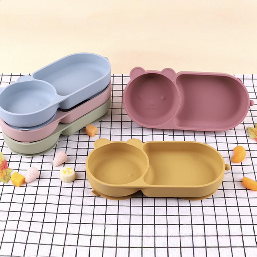 Baby Food Flavors - ベビーシリコーン吸盤ボウルかわいいクマのデザインマカロンカラー 100% 食品グレードのシリコーン BPA フリー食事用のダブルプレートデザイン
