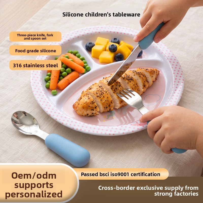 Baby Food Knife Set - 食品グレードシリコン製ベビー食器セット 316/304ステンレス鋼製ナイフ、フォーク、スプーンセット ベビーナイフ、フォーク、スプーンセット