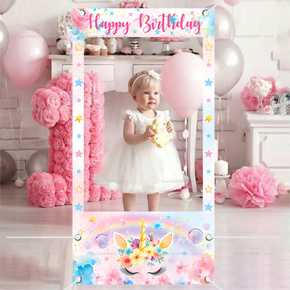 Baby Food Newborn - ユニコーンテーマフォトブースフレーム小道具女の子新生児1歳の誕生日パーティー装飾写真撮影背景小道具ベビーパーティーバナー