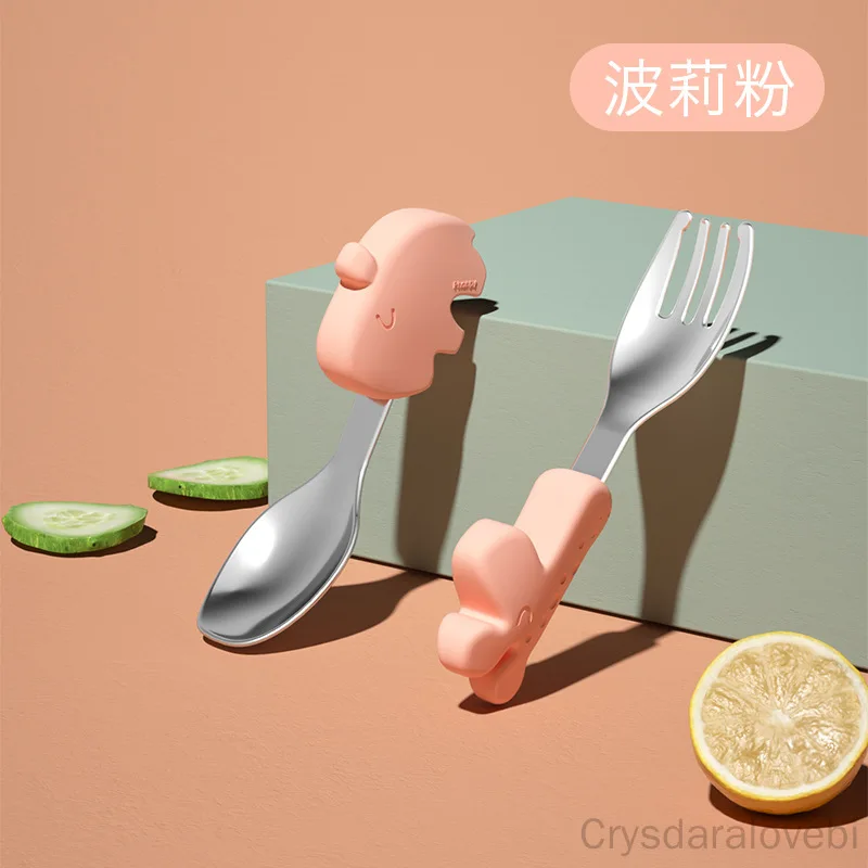 Baby Food Eating - 1 セット象ショートフォークスプーンセットベビートレーニング食べる方法を学ぶスプーンステンレス鋼子供補完食品ツール食器