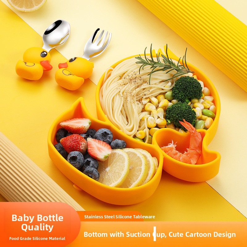 Baby Food Apron - イエローダックシリコンステンレス鋼子供用食器セットベビー補助食品グリッドプレートエプロンセット子供用食器