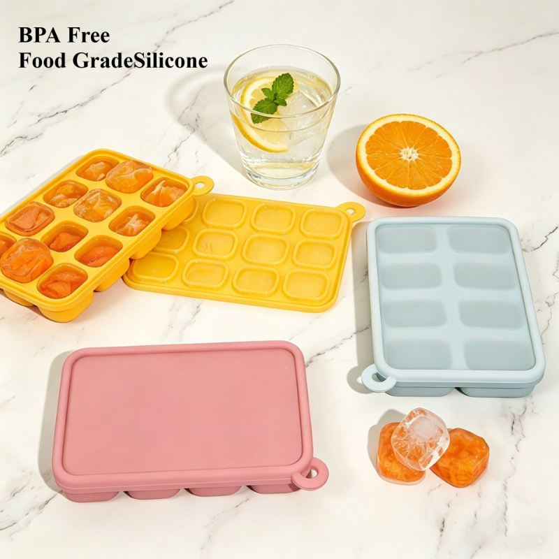 Easy Baby Food - プラチナシリコン製ベビーフード冷凍トレイ 蓋付き 8/12個取り出しやすい型 BPAフリー