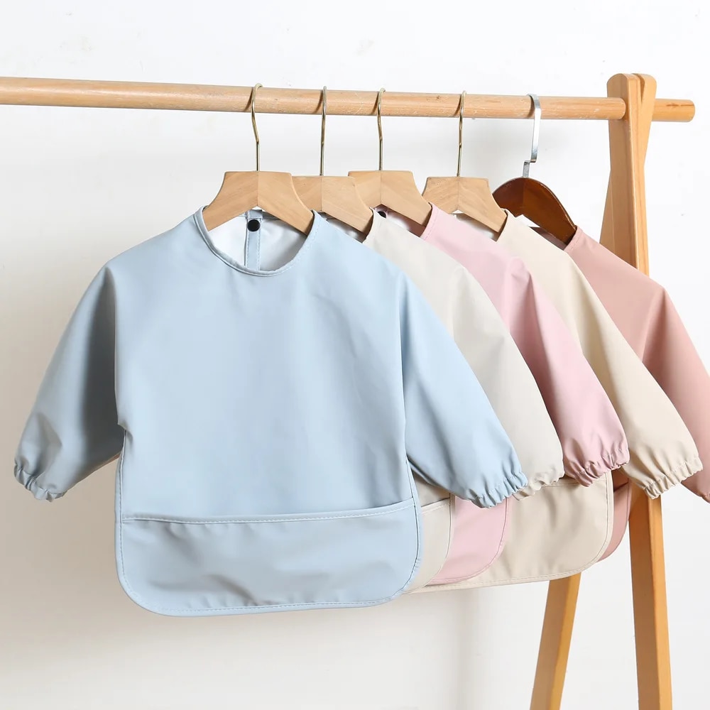Baby Food Apron - ソリッドカラーのベビー授乳よだれかけ長袖幼児男の子女の子よだれかけエプロン簡単にきれいな子供防水アートスモック