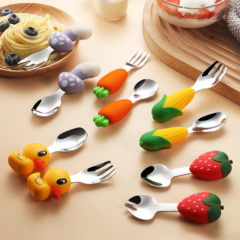 Baby Food Eating - 304 ステンレス鋼の子供用食器、赤ちゃんが食べ方を学ぶ、火傷や転倒を防ぐ練習用補助食品スプーン