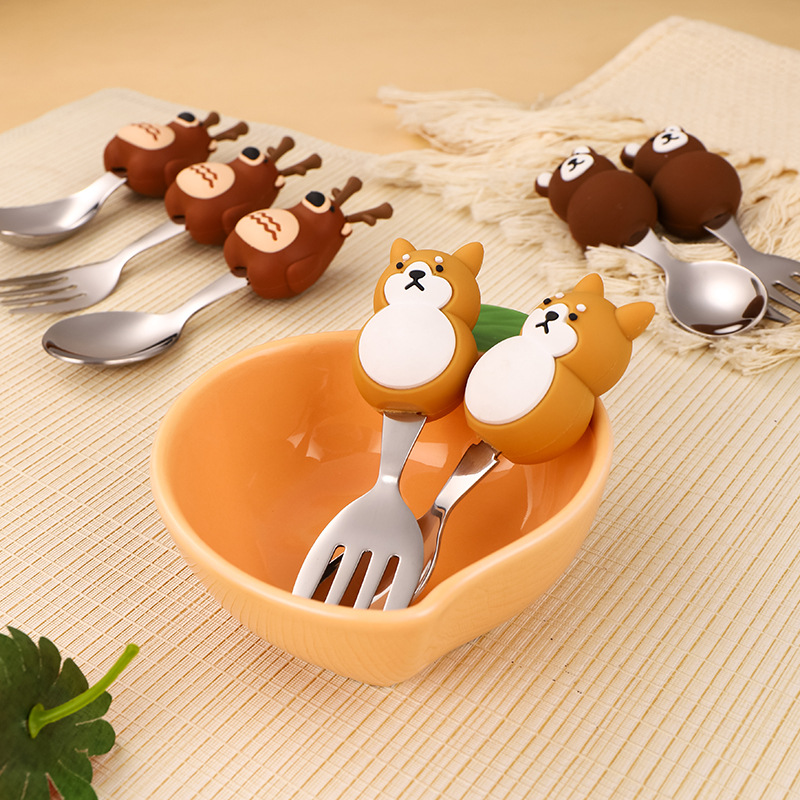 Baby Food Knife Set - ステンレス製キッズスプーン＆フォークセット、シリコン製ベビー用スプーン、かわいい漫画の動物の形、赤ちゃんの食事や離乳食に