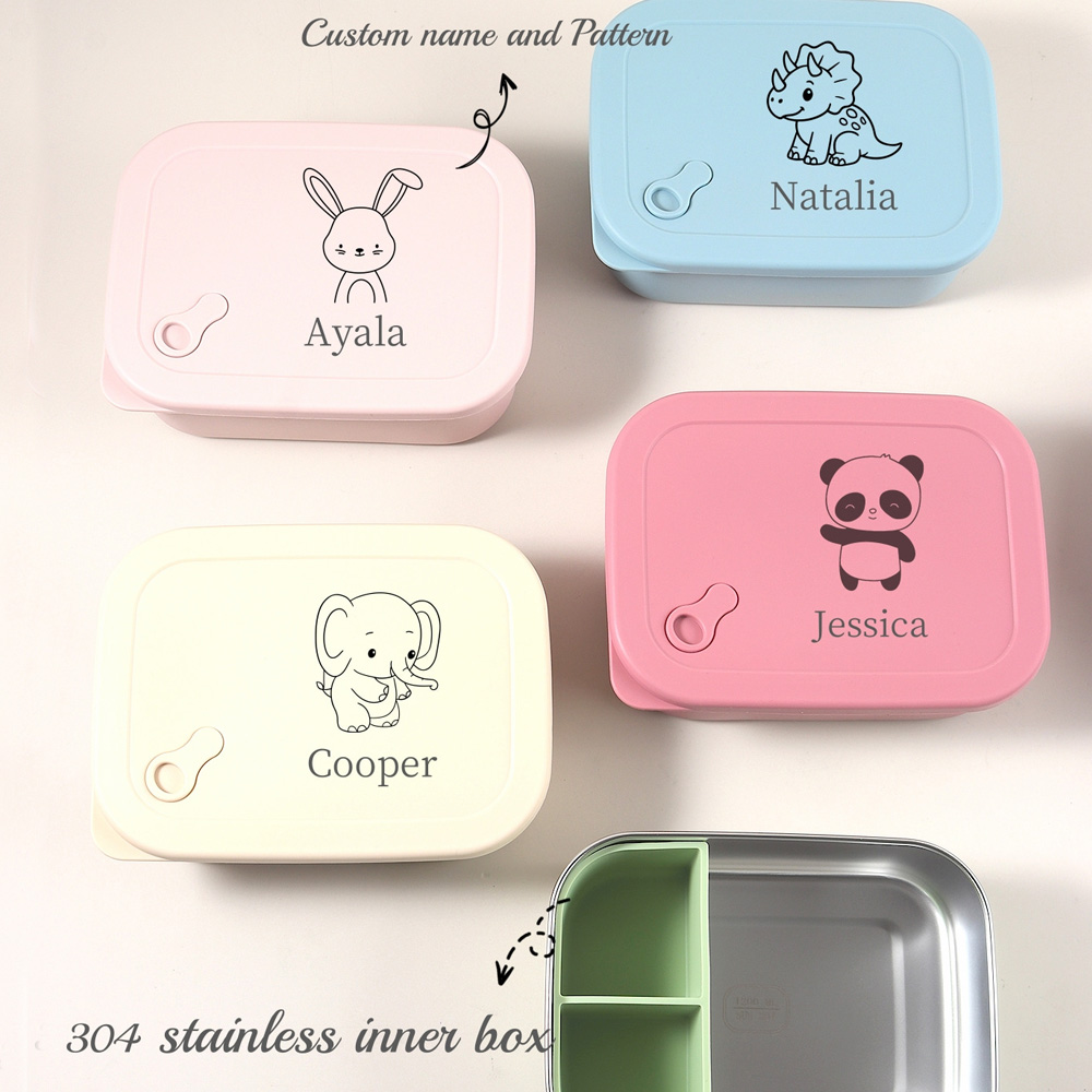 Baby Food Equipment - 1200ml 1個入り カスタム名＆柄入りシリコン製子供用ランチボックス、3つのコンパートメント付き弁当箱、BPAフリー、漏れ防止ステンレス製学校用