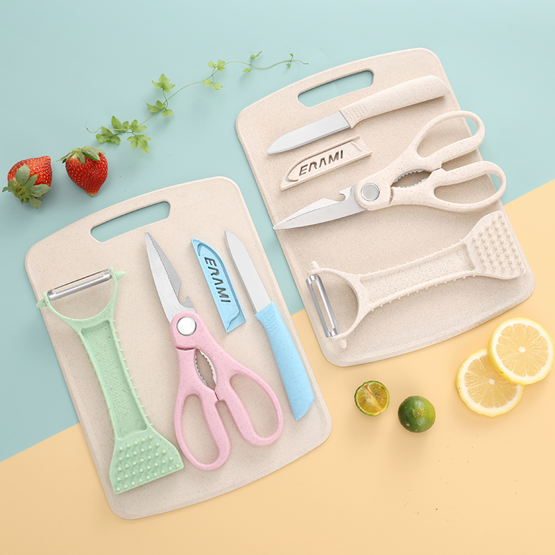 Baby Food Knife Set - 麦わら製カッティングボード4点セット、フルーツナイフセット、フルーツカッティングボード、キッチン用ベビーフードナイフ、家庭用ピーラー