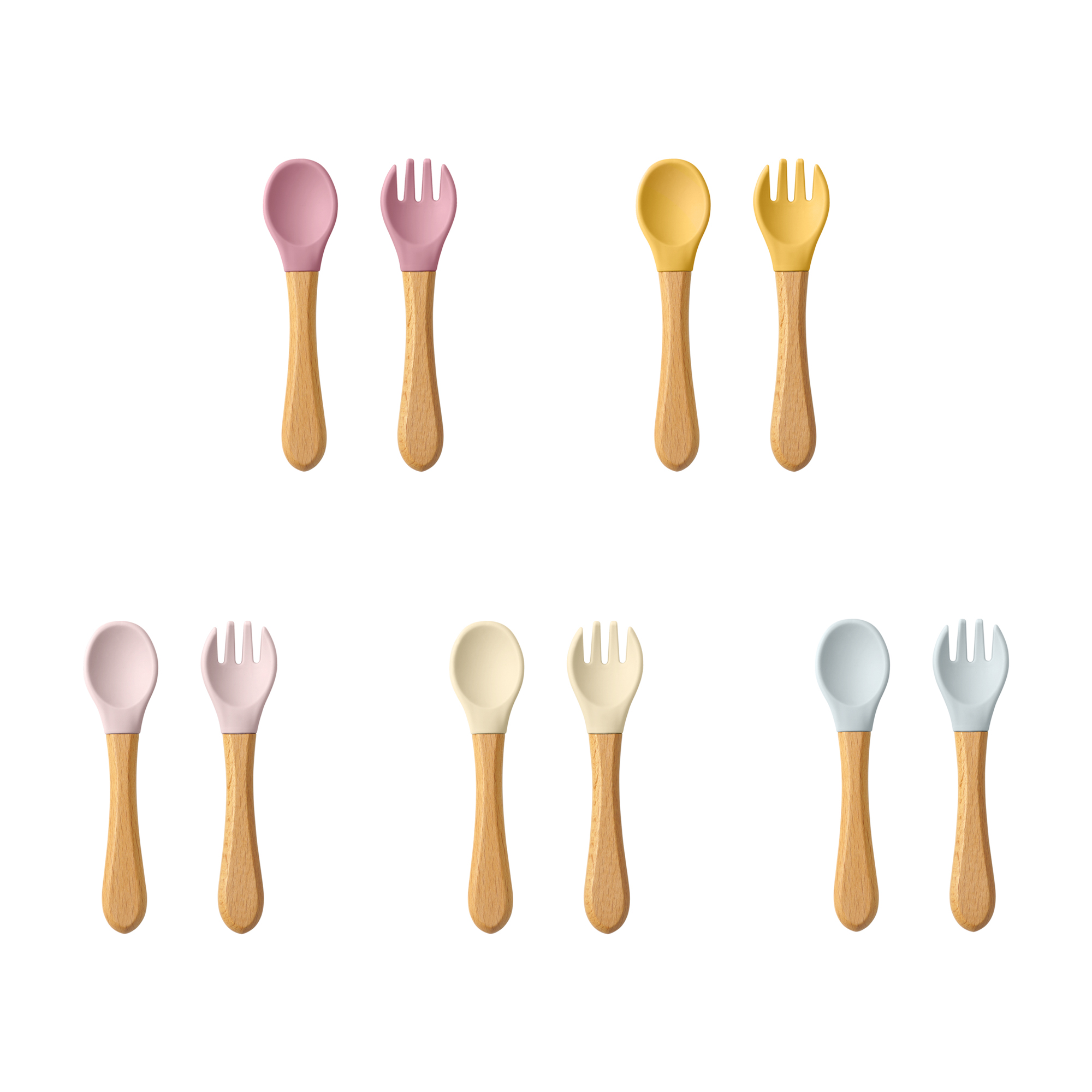 Baby Food Guide - 2 個ベビー学習スプーン食器セット食品グレードの木製ハンドルシリコーンスプーンフォークカトラリートレーニングスプーン給餌食器