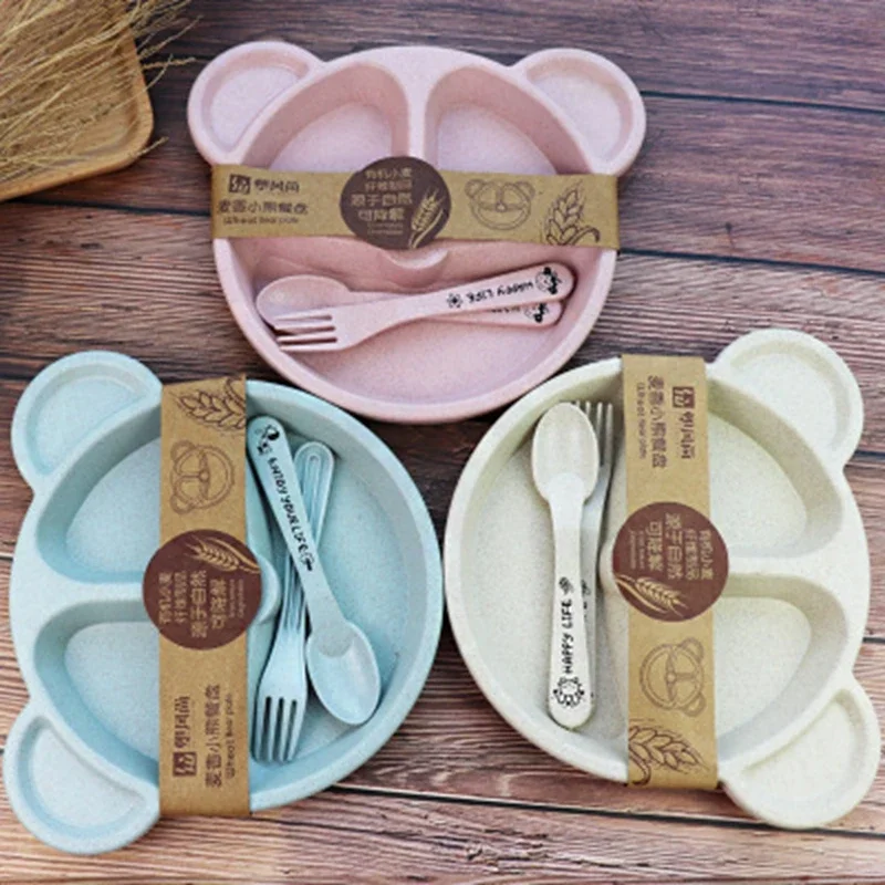 Baby Food Eating - 子供のための火傷防止カトラリーセット,離乳食ボウル,スプーン,フォーク,給餌食器,安全な漫画のクマ,トレーニングプレート