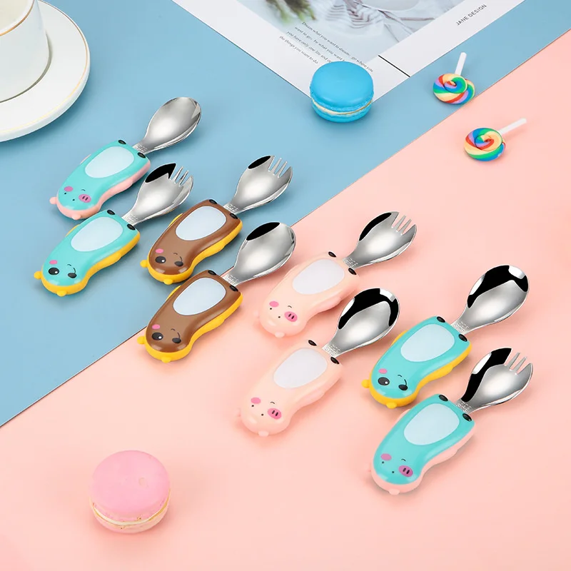 Baby Food Knife Set - 304 子供のポータブル食器セット漫画ベビーフォークスプーン幼児クリエイティブ補助食品ツール給餌食器