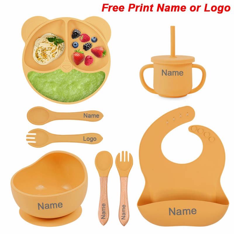 Baby Food Equipment - 給餌セットシリコーンベビー吸盤ボウル皿プレート子供のためのクマプレートセットベビー食器子供用カップストロー付き 8 個