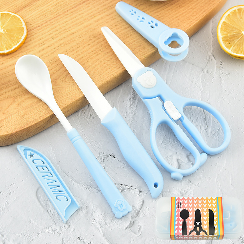 Baby Food Knife Set - ベビーフード用3ピース陶器セット、プラスチック密封ボックス、陶器製ハサミ、陶器製フルーツナイフ、保管とカットが簡単