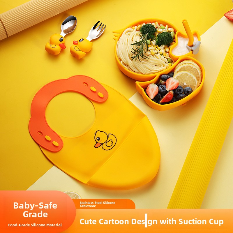 イエローダックシリコンステンレス鋼子供用食器セットベビー補助 - Baby Food Apron のレビューと価格